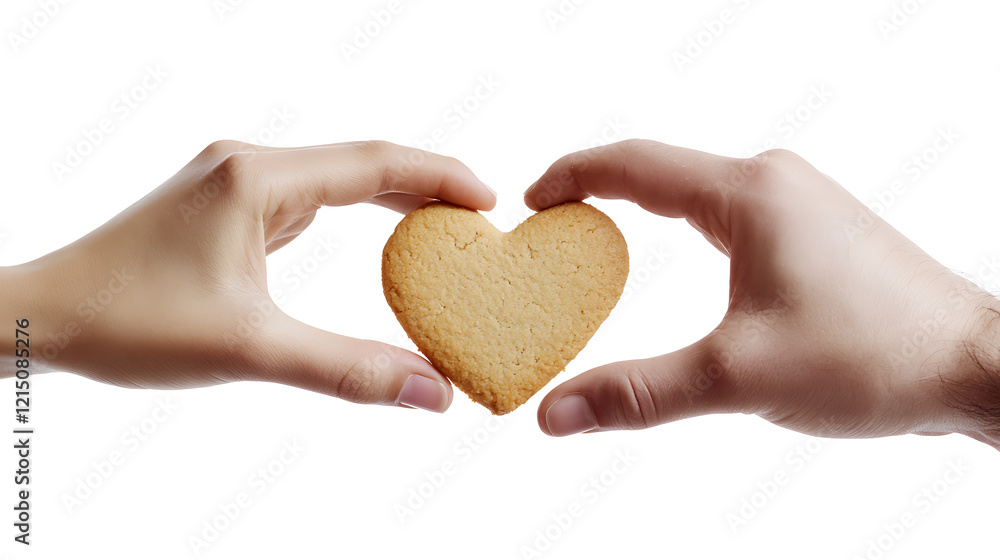 Obraz premium A couple sharing a heart-shaped cookie on Valentine's Day, isolated on white background in HD