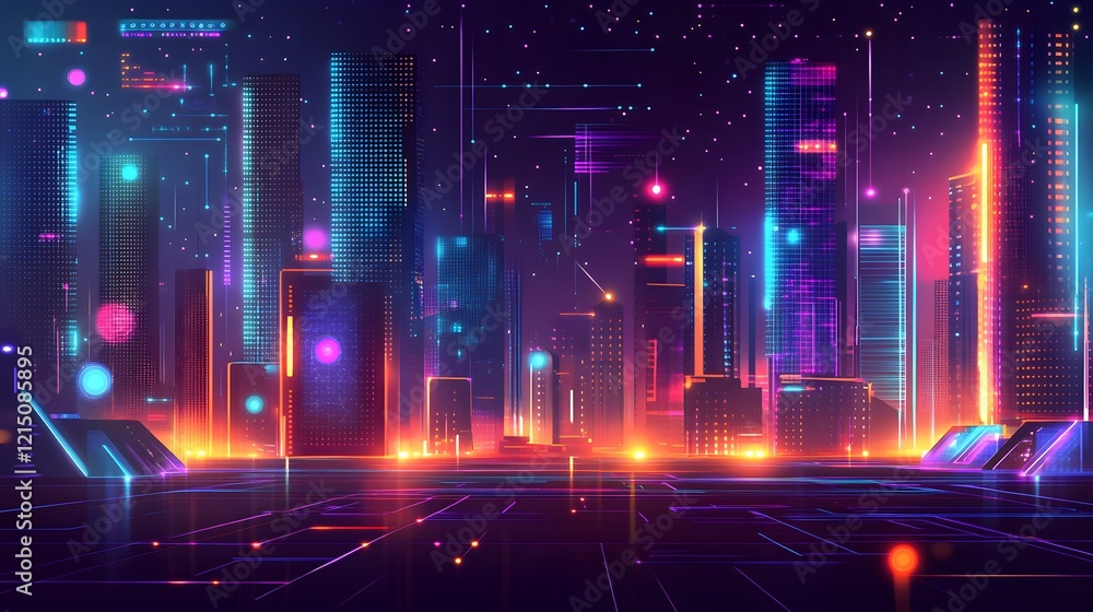 Naklejka premium Neon Cityscape Vibrant Towers Illuminated Night