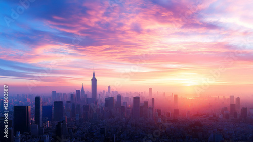 Stunning city skyline at sunset with vibrant colors