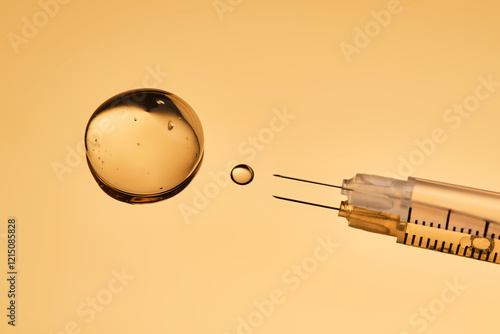 A drop of gel pours from a syringe for cosmetic procedures.