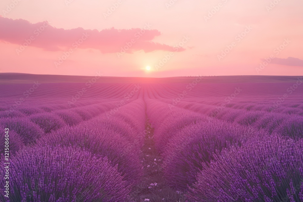 A field of lavender stretching endlessly under a pink sky, where the soft hues create a serene and calming atmosphere