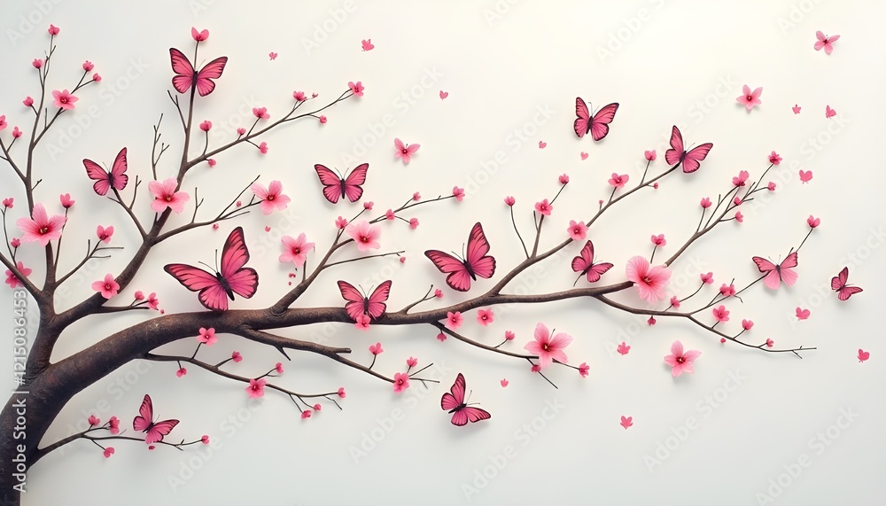 some pink butterflies flying randomly on a branch of a weathered tree, a luxurious lifestyle background for home interior decorations some pink butterflies flying randomly on a branch of a weathered tree, a luxurious lifestyle background for home interior decorations
