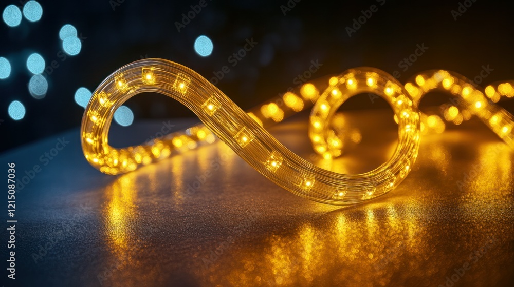 A flowing gold light rope forming soft curves, emitting radiant light effects with a festive glow. A flowing gold light rope forming soft curves, emitting radiant light effects with a festive glow.