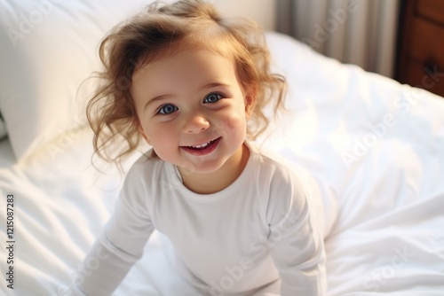 Wallpaper Mural Happy baby girl crawling on white bed sheets and smiling Torontodigital.ca