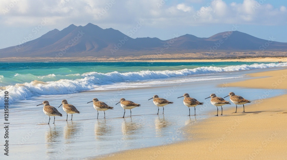 Seven Birds on a Sandy Beach with Mountains in the Background Seven Birds on a Sandy Beach with Mountains in the Background