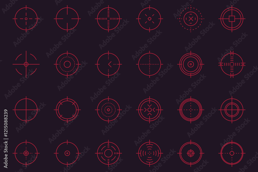Crosshair gun sight vector icons set. Bullseye, target or aim symbol. Futuristic aim pointer. Military rifle scope, shooting mark sign. Targeting, aiming. Archery, hunting vector. Game UI element. Crosshair gun sight vector icons set. Bullseye, target or aim symbol. Futuristic aim pointer. Military rifle scope, shooting mark sign. Targeting, aiming. Archery, hunting vector. Game UI element.