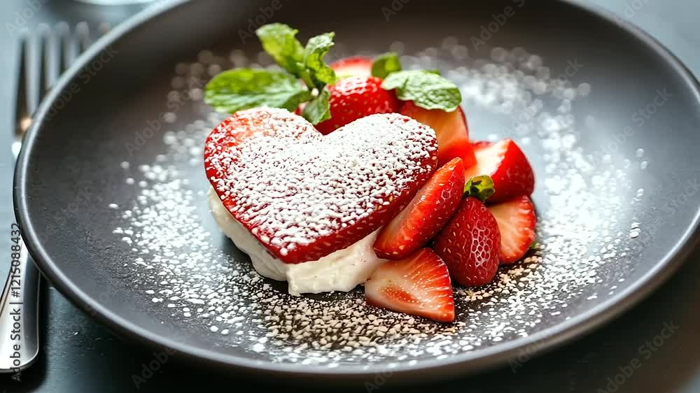 Heart Shaped Dessert with Strawberries and Mint Leaves Heart Shaped Dessert with Strawberries and Mint Leaves