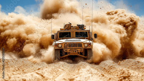 Military vehicle driving through dusty desert terrain with dramatic clouds of sand