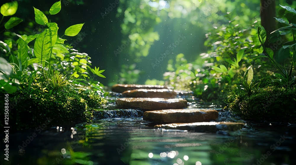 Serene Stream with Stone Pathway in Lush Green Forest Setting Serene Stream with Stone Pathway in Lush Green Forest Setting