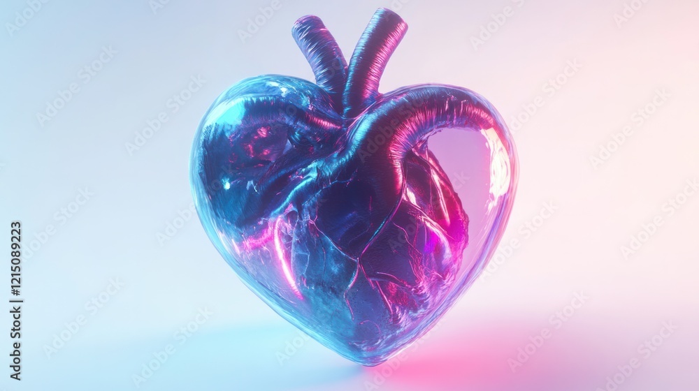 A futuristic 3D holographic heart with glowing blue and pink accents, floating on a white background. A futuristic 3D holographic heart with glowing blue and pink accents, floating on a white background.