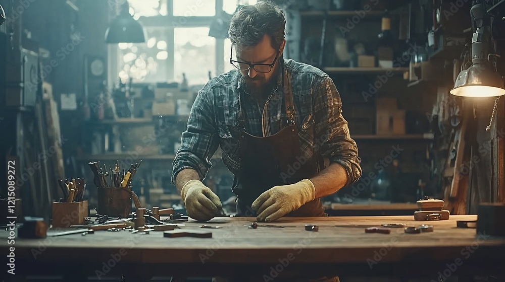 Craftsman at Work in Rustic Workshop Craftsman at Work in Rustic Workshop