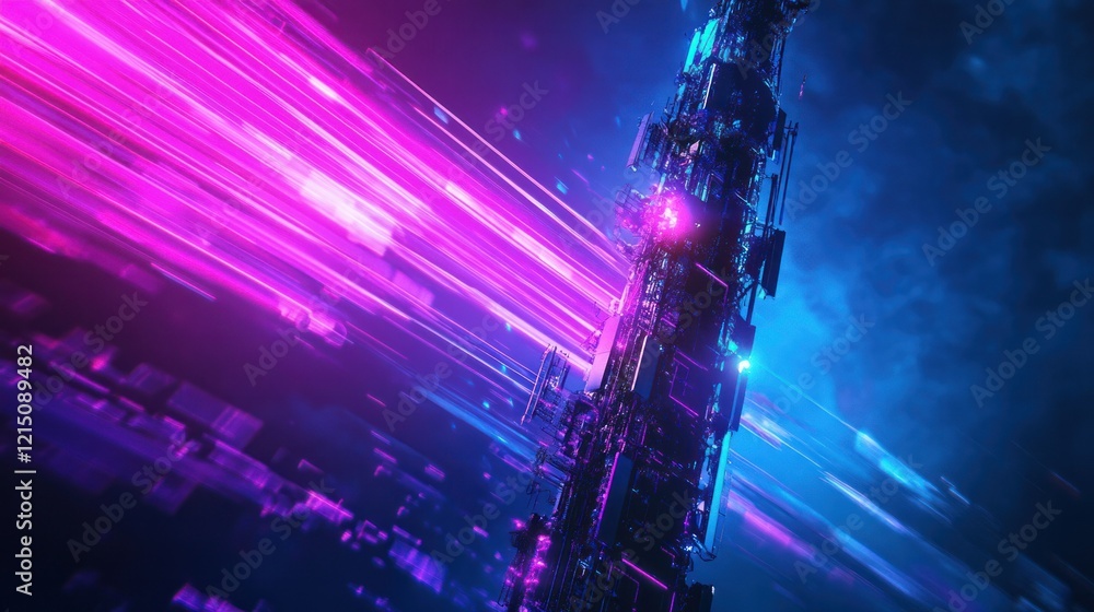 A futuristic digital illustration of a telecommunications tower in black and blue, radiating violet light with dynamic motion effects. A futuristic digital illustration of a telecommunications tower in black and blue, radiating violet light with dynamic motion effects.