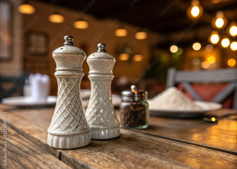 Gourmet Salt and Pepper Shakers with Bokeh Background - Culinary Photography Stock Photo Gourmet Salt and Pepper Shakers with Bokeh Background - Culinary Photography Stock Photo