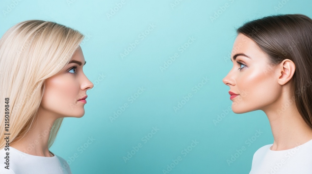Side Profile Portraits of Two Women with Light and Dark Hair Against a Soft Blue Background Side Profile Portraits of Two Women with Light and Dark Hair Against a Soft Blue Background