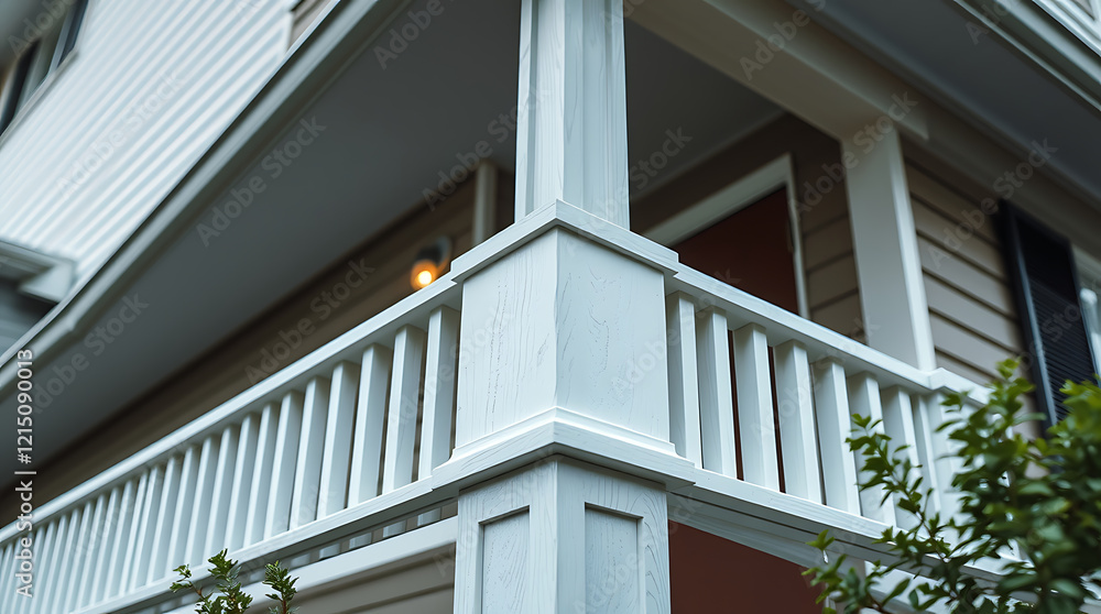 Fototapeta premium White Porch Railing and Column Detail: Classic House Exterior Architecture