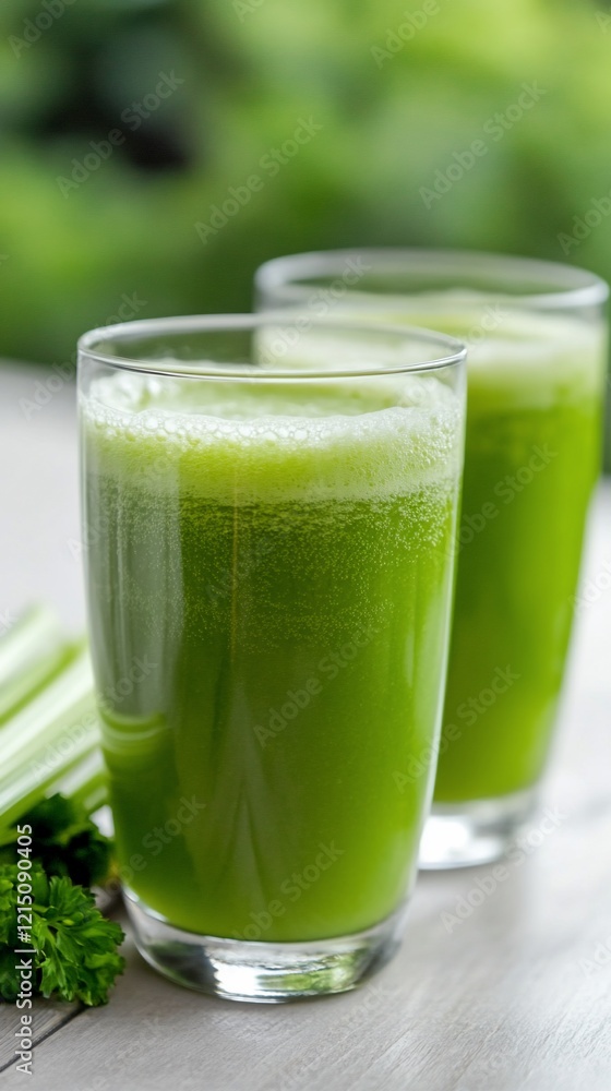 Fresh celery juice, healthy drink, kitchen table, green background, for healthy lifestyle blogs. Fresh celery juice, healthy drink, kitchen table, green background, for healthy lifestyle blogs.
