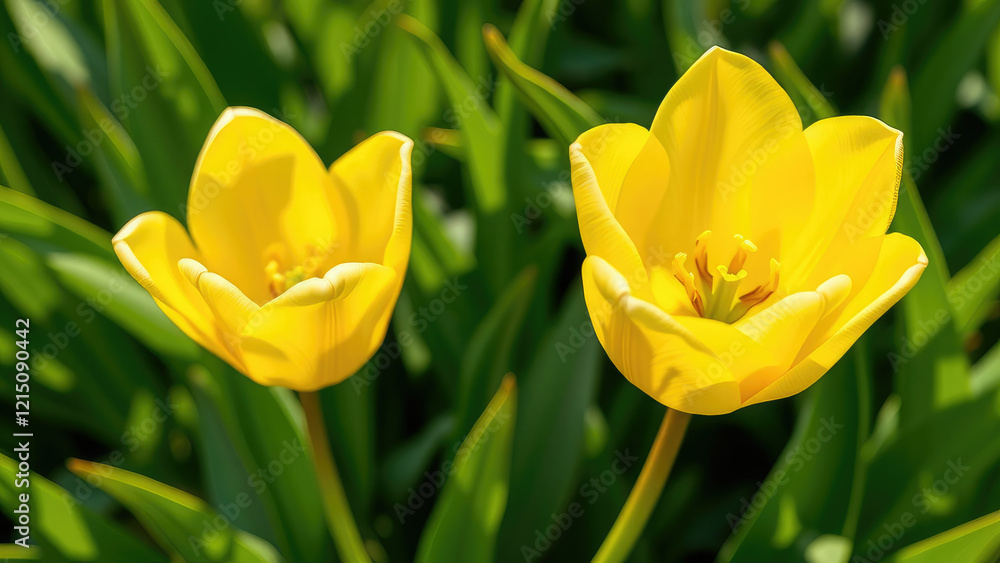 Cheerful yellow tulip with leafy green background, joy, happy, positivity Cheerful yellow tulip with leafy green background, joy, happy, positivity
