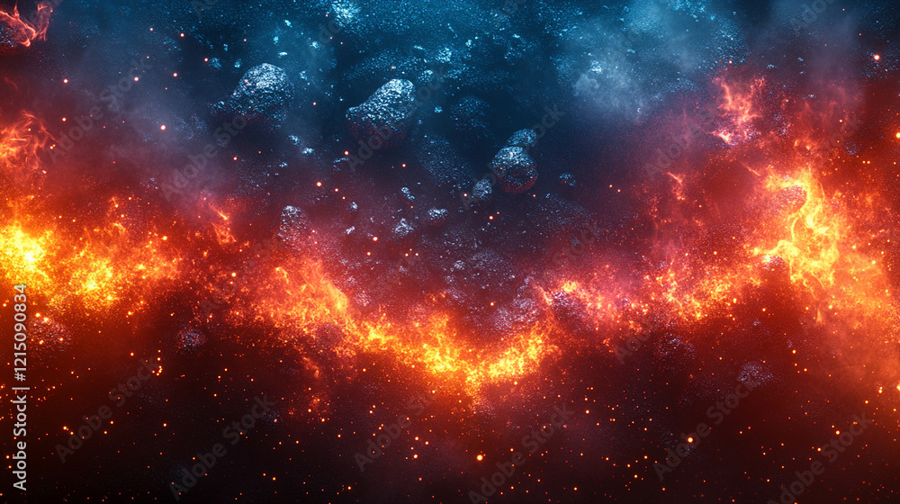 Naklejka premium Smoldering burning coals with an intense red-orange glow radiate warmth in a minimalistic bright tone creating a sense of energy and transformation with blurred empty blank space ideal for captions