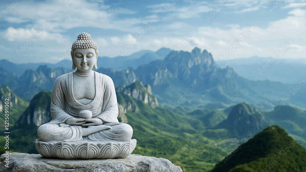 Serene Buddha statue in tranquil mountain landscape Serene Buddha statue in tranquil mountain landscape