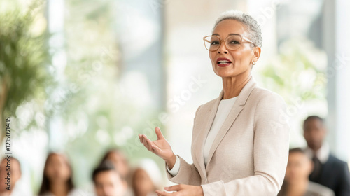 Black mature woman speaking at public event with audience in background