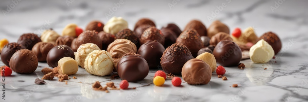Chocolate truffles and other sweets on a marble surface , dessert, assortment, candy Chocolate truffles and other sweets on a marble surface , dessert, assortment, candy