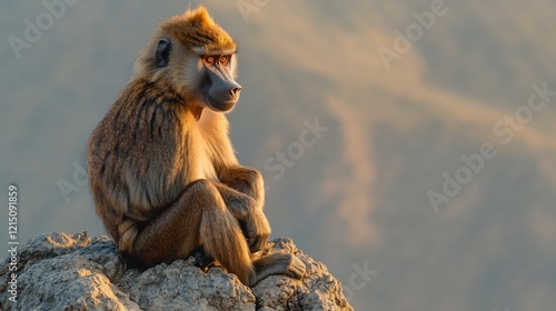 Gelada Baboon Theropithecus gelada phylum Chordata class Mammalia order Primates family Cercopithecidae sitting a rocky cliff in Ethiopias highlands its golden mane glowing in morning light photo