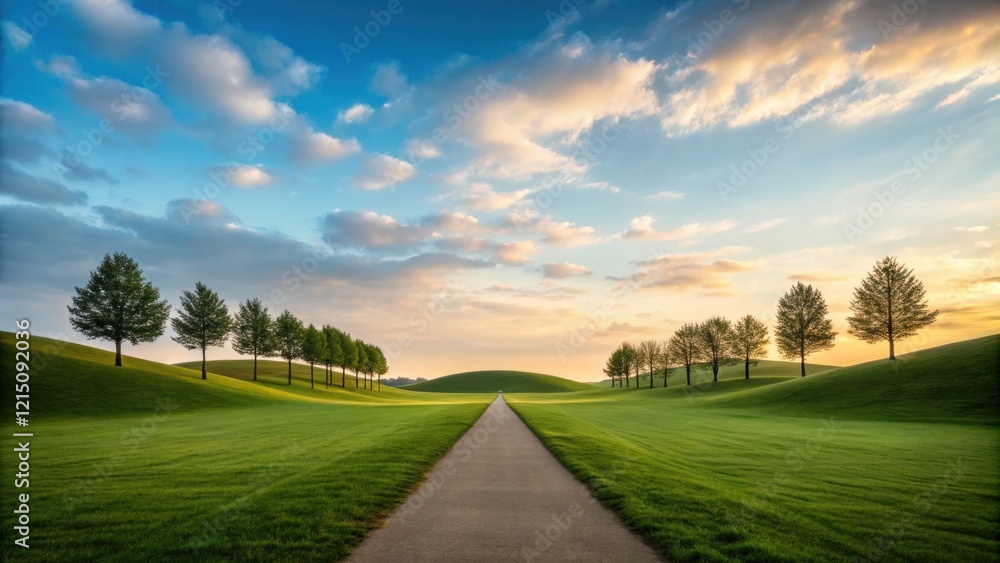 A serene landscape featuring a pathway flanked by trees, leading toward a sunset sky filled with clouds and vibrant colors. A serene landscape featuring a pathway flanked by trees, leading toward a sunset sky filled with clouds and vibrant colors.