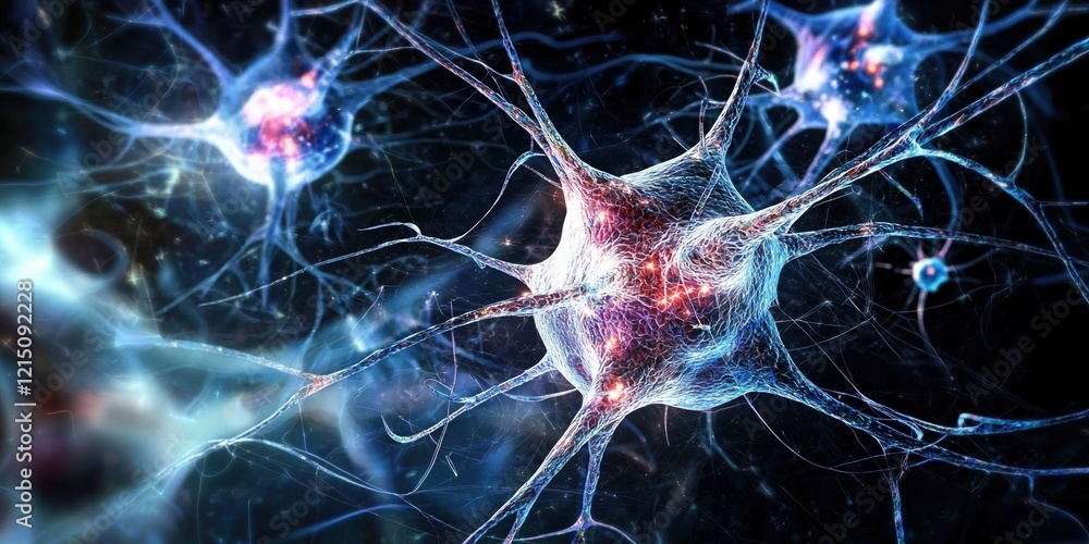 Intricate network of neuron cells and synapses in a vibrant, digital representation Intricate network of neuron cells and synapses in a vibrant, digital representation