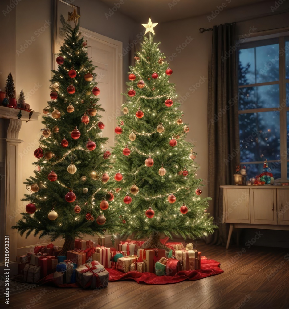 Christmas Eve tree decorated with ornaments and lights, winter wonderland, christmas tree decor, joyful atmosphere Christmas Eve tree decorated with ornaments and lights, winter wonderland, christmas tree decor, joyful atmosphere