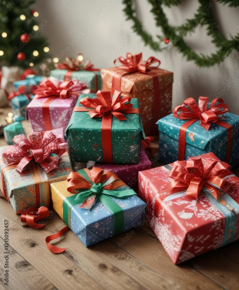 Christmas presents wrapped in colorful paper and ribbons on a table, holiday gifts, gifts, cheerful Christmas presents wrapped in colorful paper and ribbons on a table, holiday gifts, gifts, cheerful