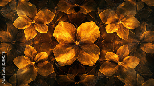 Vibrant golden flowers with glowing petals creating an artistic symmetrical pattern photo