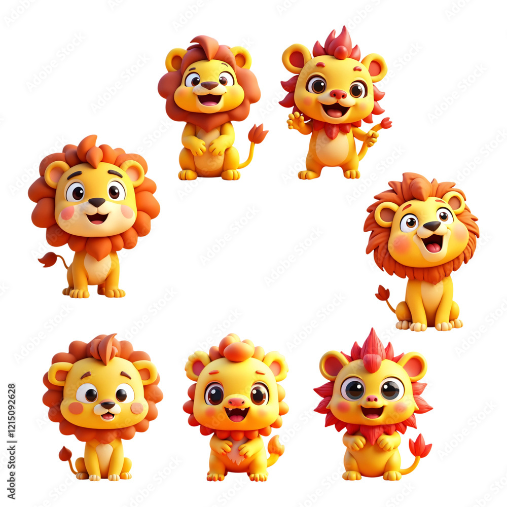 Fototapeta premium Cute Cartoon Lion Expressing Various Poses and Facial Expressions.
