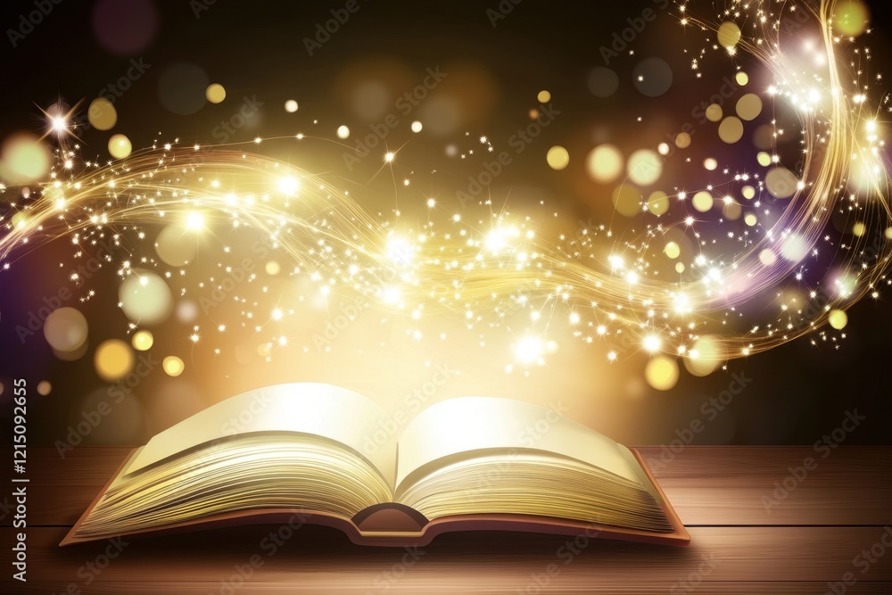 Open Book with Magical Sparkles and Glowing Lights in Dark Enchanted Setting
