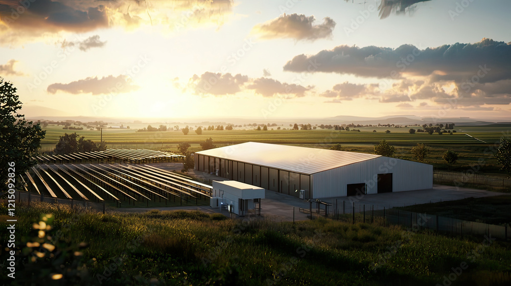 Obraz premium Battery storage system integrated into a solar farm, rural landscape, dusk lighting, vivid shadows, ultra-realistic