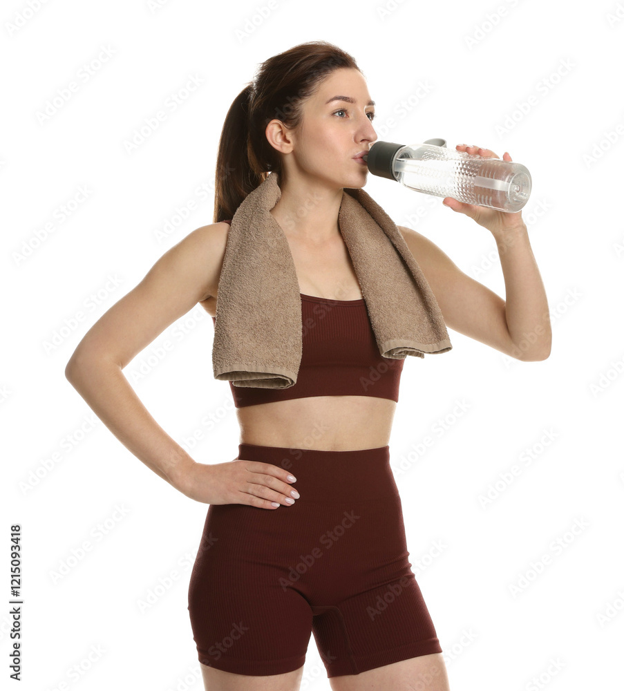 Woman in sportswear drinking water on white background Woman in sportswear drinking water on white background