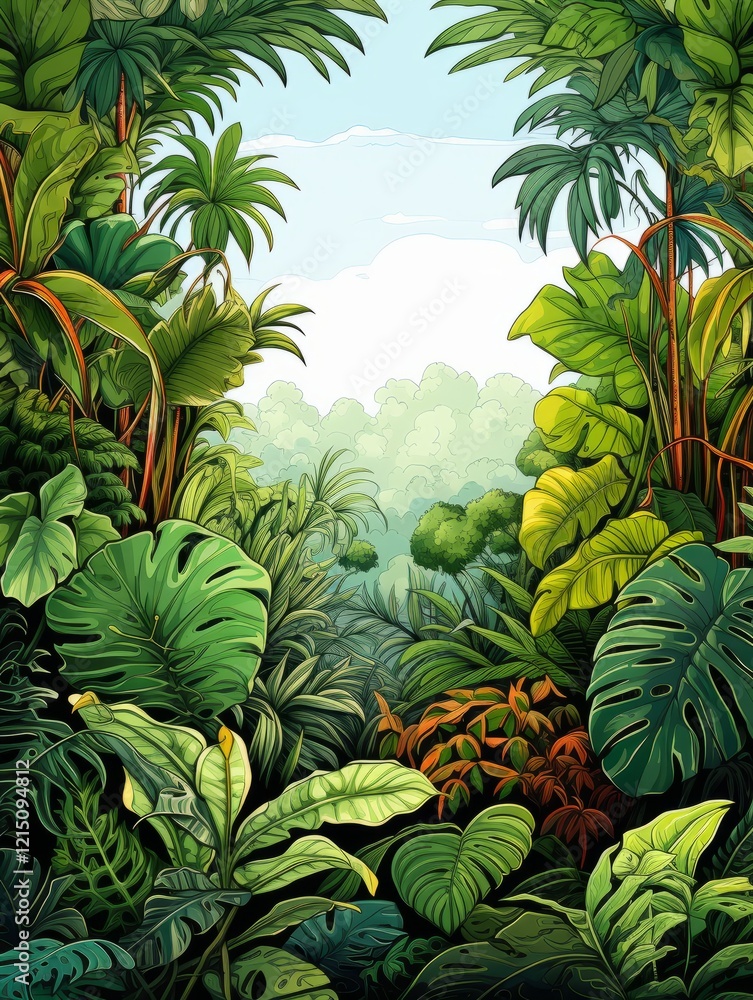 Fototapeta premium A vibrant illustration of a tropical jungle featuring dense green foliage, monstera leaves, and exotic plants under a bright sky.