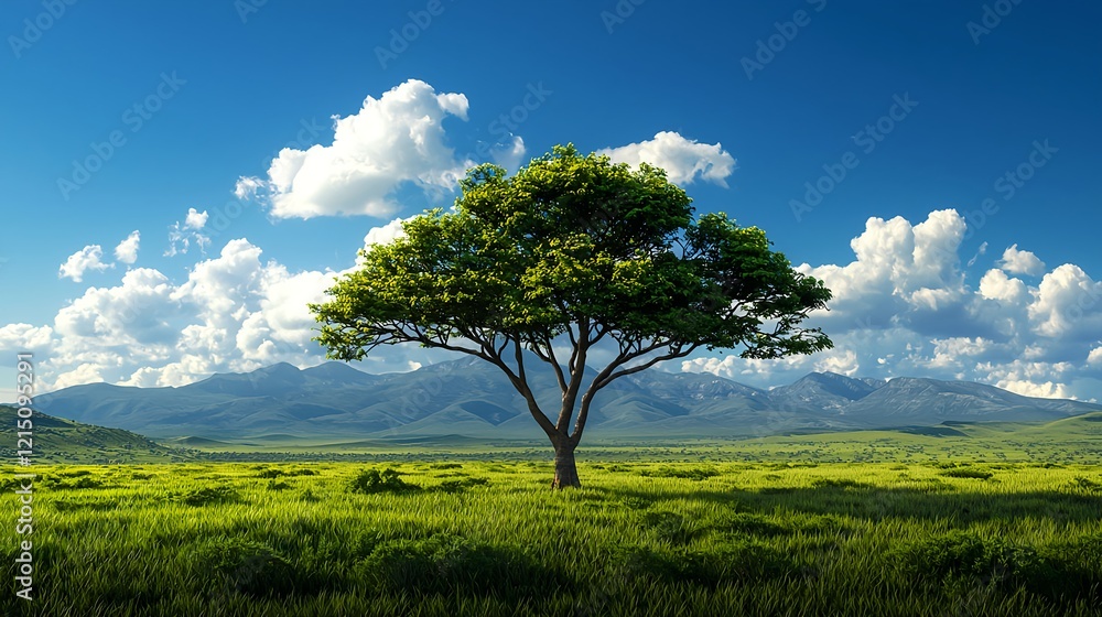 Fototapeta premium Lush Green Tree on Vibrant Landscape Under Blue Sky and Clouds