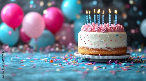 Birthday cake with candles and balloons.