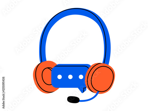 Hand drawn cute cartoon illustration of headphones and speech bubble with three dots. Flat vector headset doodle. Support or help service icon. Customer assistance. Call center operator. Isolated.