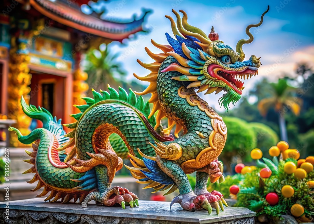 Fototapeta premium Majestic Dragon Statue, Ancient Chinese Mythology, Powerful Symbol, Asian Art, Mythical Creature