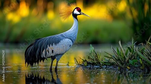 Graycrowned Crane Balearica regulorum phylum Chordata class Aves order Gruiformes family Gruidae standing elegantly a lush wetland its golden crest glowing in soft morning light photo