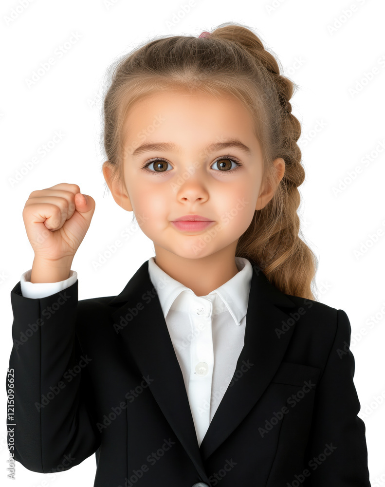 Confident young girl in a formal suit raising her fist with determination on a transparent background Confident young girl in a formal suit raising her fist with determination on a transparent background