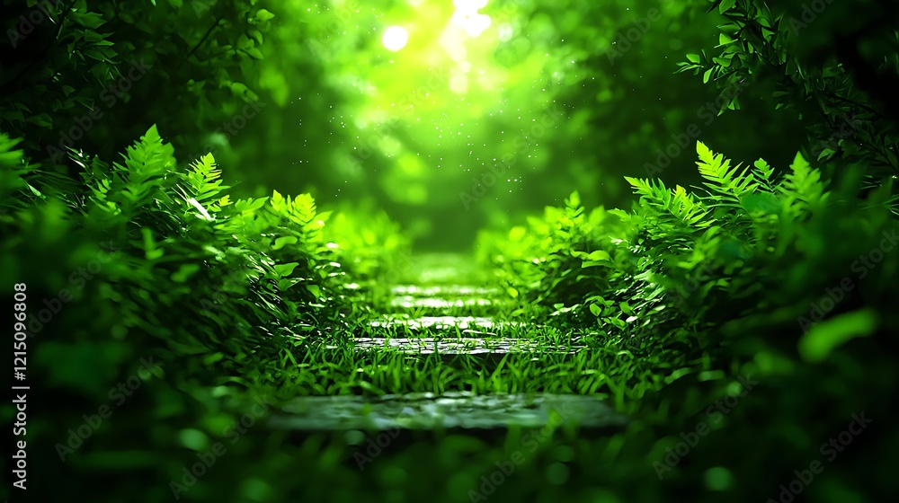 Fototapeta premium Serene Pathway Through Lush Green Ferns in Enchanting Forest