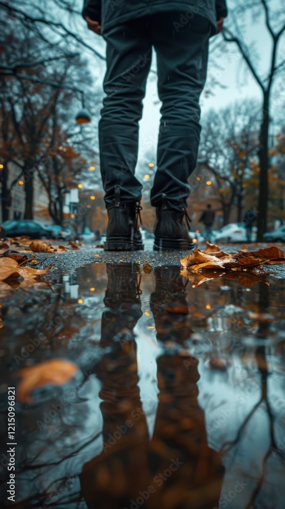 Someone standing on a wet surface with their feet in the puddle, vertical background Someone standing on a wet surface with their feet in the puddle, vertical background