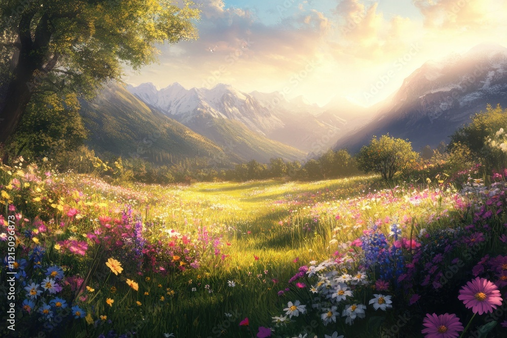 Fototapeta premium Serene Mountain Landscape with Vibrant Wildflowers Illuminated by Soft Sunrise in the Background, Capturing the Essence of Nature's Beauty and Tranquility