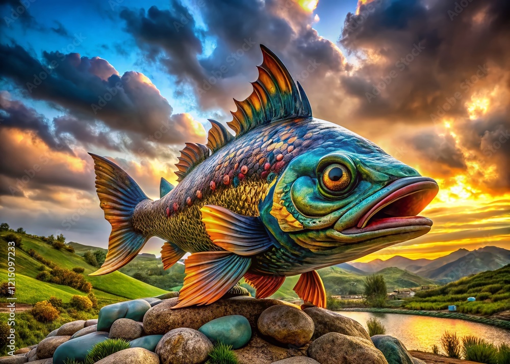 Fototapeta premium Majestic Fish Sculpture in Serene Landscape - Stunning Outdoor Art Installation