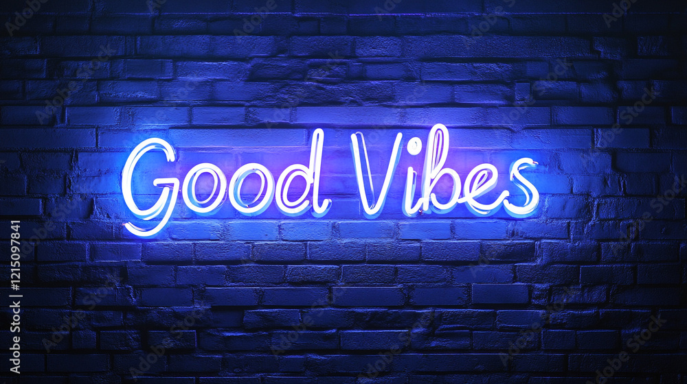 Blue Neon Sign Good Vibes on Brick Wall Positive Energy Motivation Inspiration Blue Neon Sign Good Vibes on Brick Wall Positive Energy Motivation Inspiration