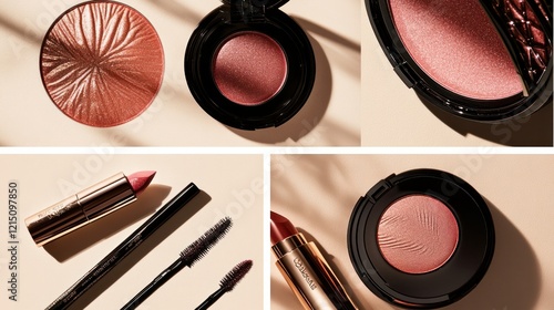 A luxurious makeup photo collage featuring radiant blushes, shimmering eyeshadows, vibrant lipsticks, and stylish mascara tubes on a soft beige background. photo