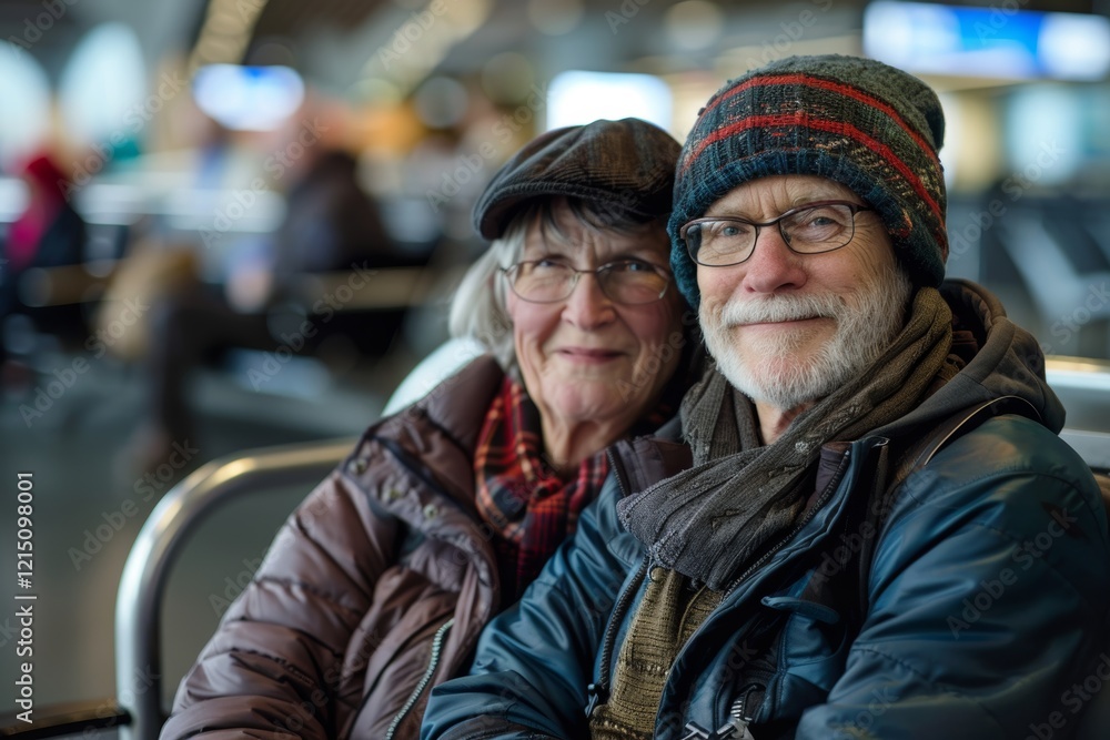 Portrait of a satisfied caucasian couple in their 60s donning a warm wool beanie isolated in busy airport terminal Portrait of a satisfied caucasian couple in their 60s donning a warm wool beanie isolated in busy airport terminal