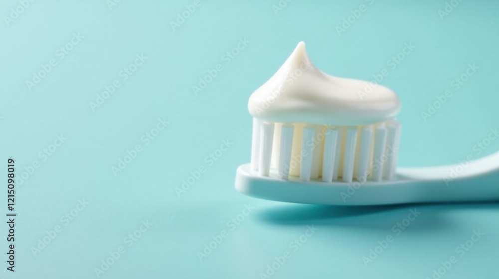 Close-up of a toothbrush with a dollop of white paste against a light blue background Close-up of a toothbrush with a dollop of white paste against a light blue background